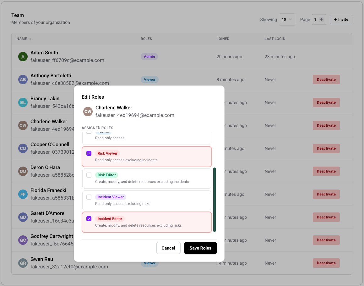 Edit Roles modal for a team member showing role checkboxes, with Risk Viewer and Incident Editor selected to demonstrate a multi-role assignment