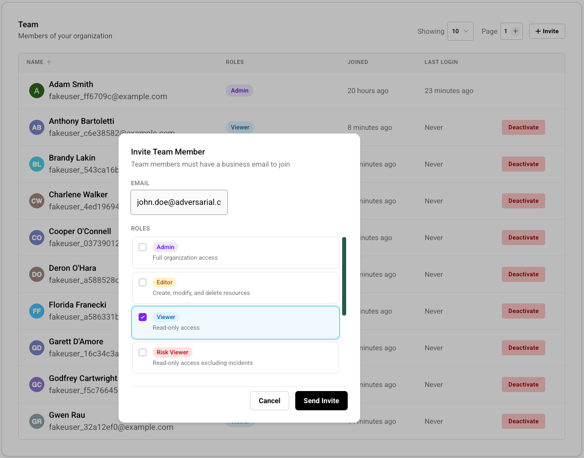 Invite Team Member modal with an email address entered and role checkboxes for Admin, Editor, Viewer, and Risk Viewer, with Viewer selected