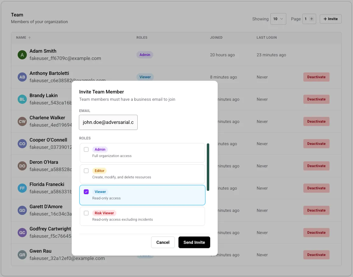 Invite Member modal with fields for Email Address and Role selection
