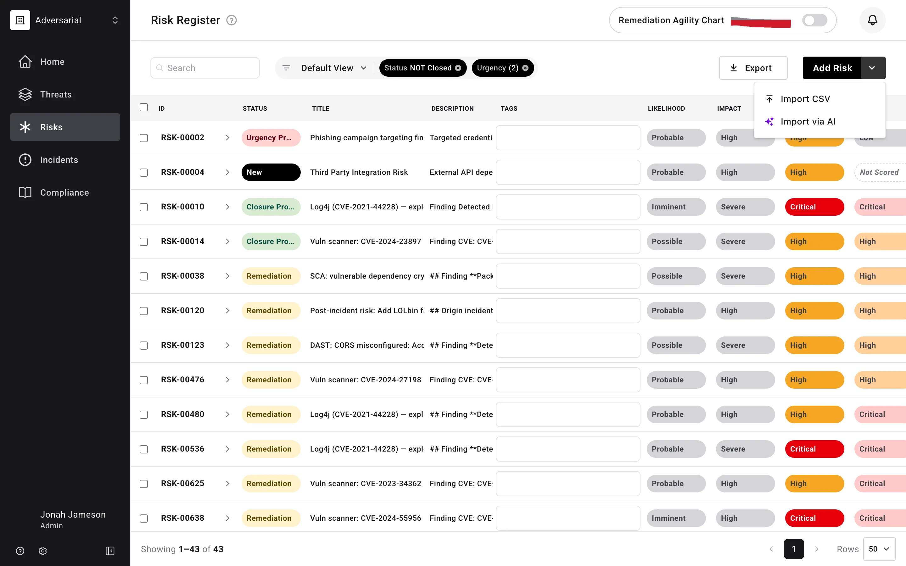 Risk Register toolbar showing the Add Risk button with its dropdown open to reveal Import CSV and Import via AI options