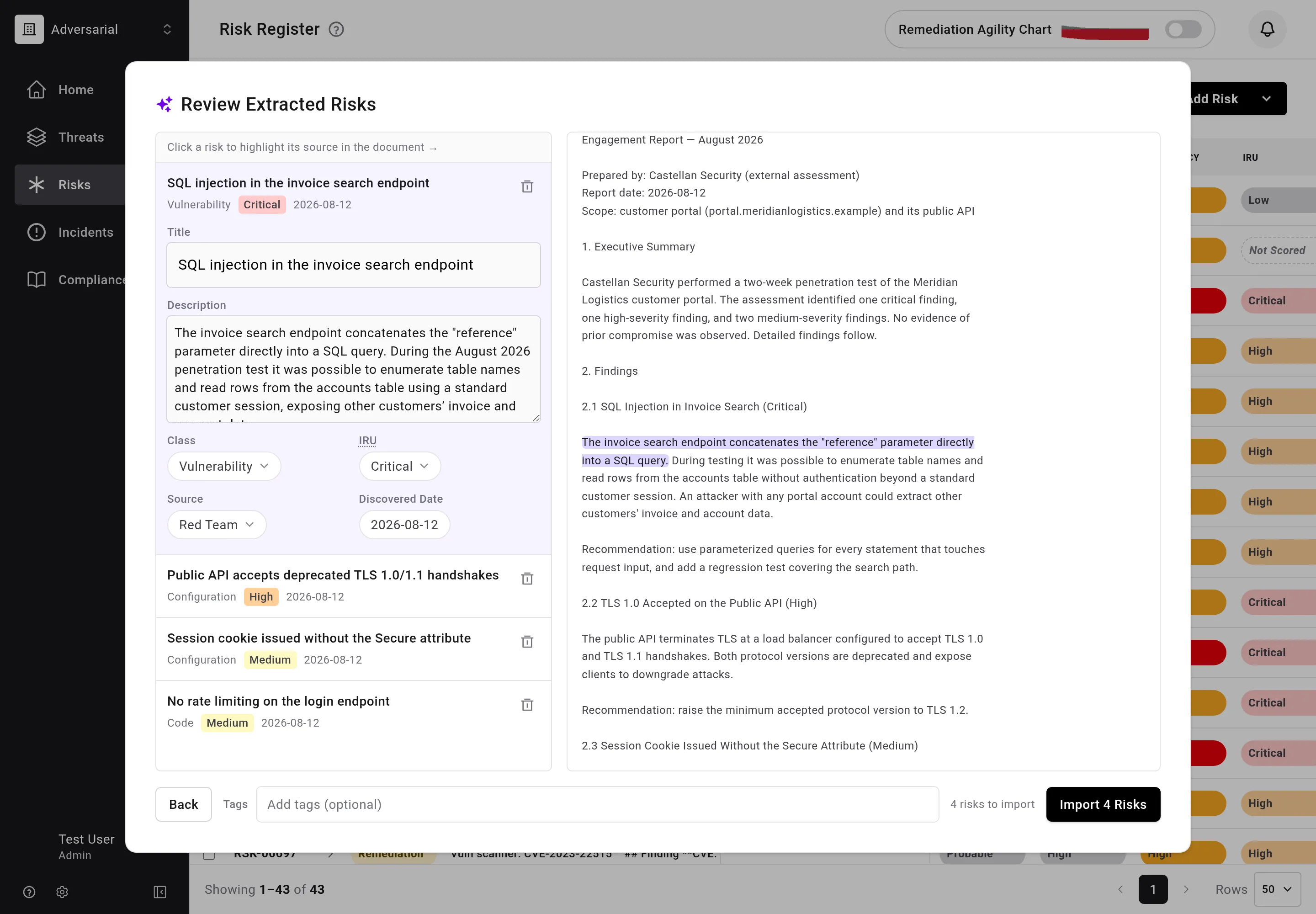 The AI import's Review Extracted Risks step over the risk register: extracted risks listed on the left with editable Title, Description, Class, IRU, Source, and Discovered Date fields, and the uploaded penetration test report on the right with the selected risk's source passage highlighted