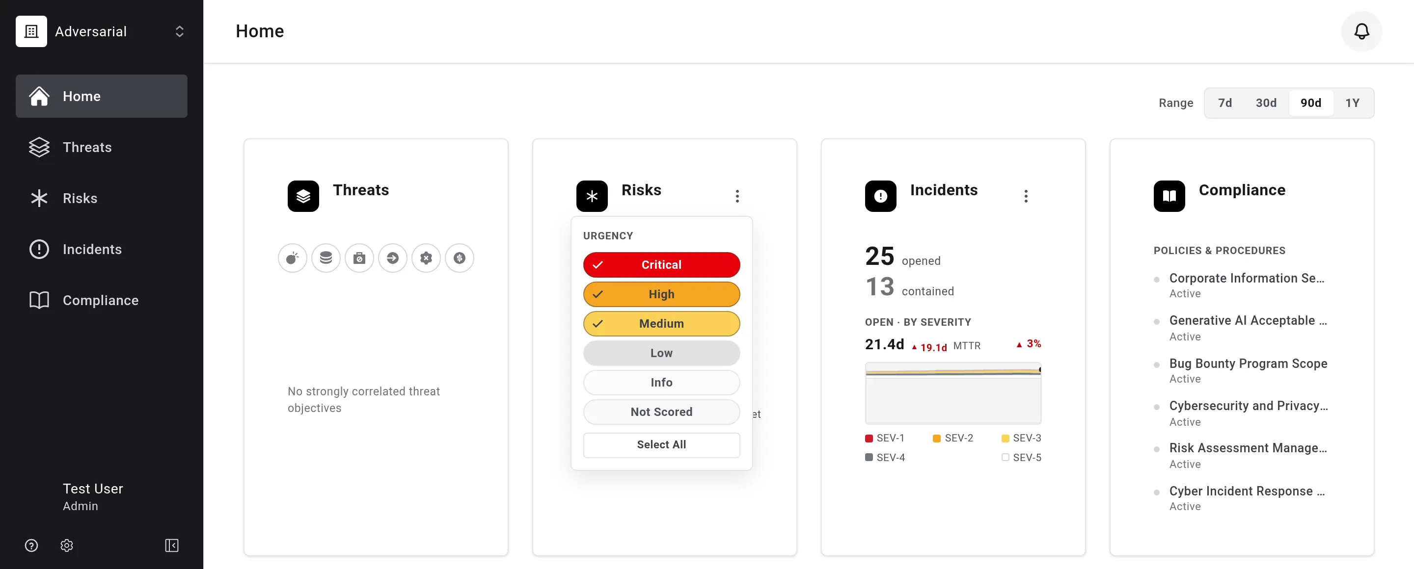 The Home dashboard's summary cards with the Risks card's urgency filter menu open and Critical, High, and Medium checked while Low, Info, and Not Scored are unchecked