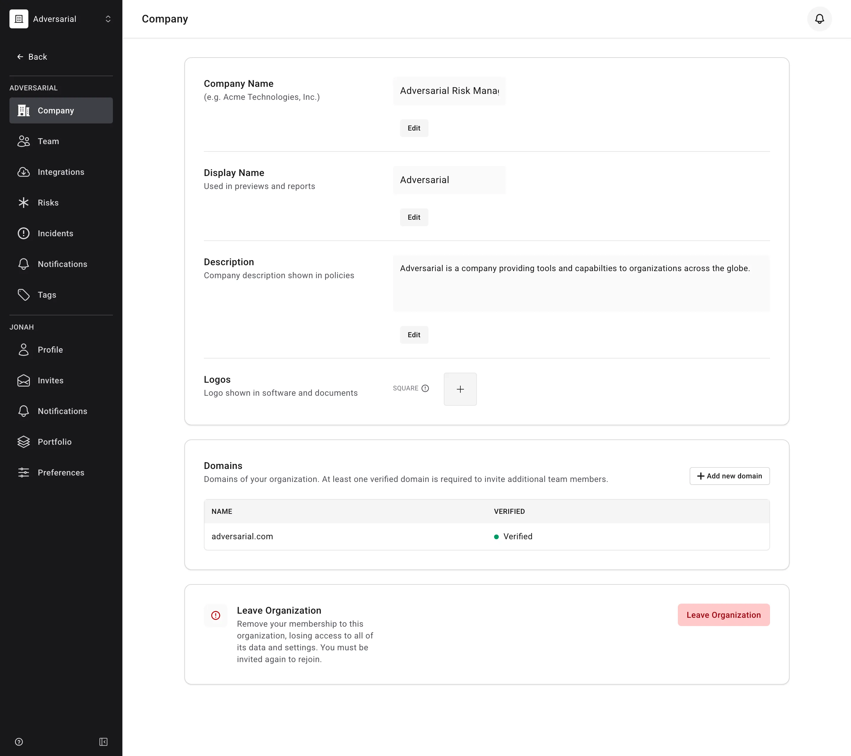 Company settings page showing Company Name, Display Name, Description, Logos, and verified Domains