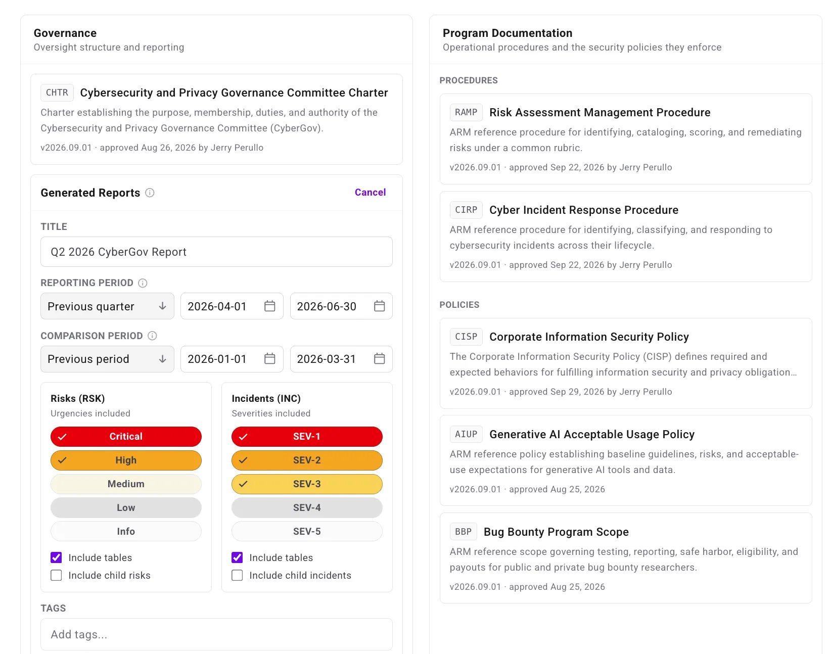 The Generated Reports form on the Compliance page with a Q2 2026 CyberGov Report title, a Previous quarter reporting period of 2026-04-01 to 2026-06-30, and a Comparison Period row set to Previous period with editable start and end dates of 2026-01-01 and 2026-03-31, above the Risks and Incidents urgency and severity selectors