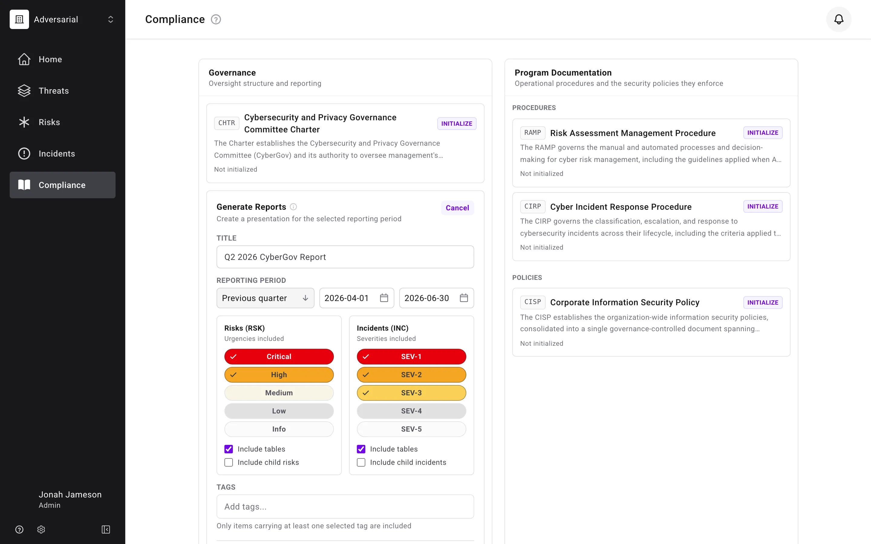 The Compliance landing page with the Generate Reports panel expanded, showing the reporting period preset, urgency and severity band selectors, and tag scoping