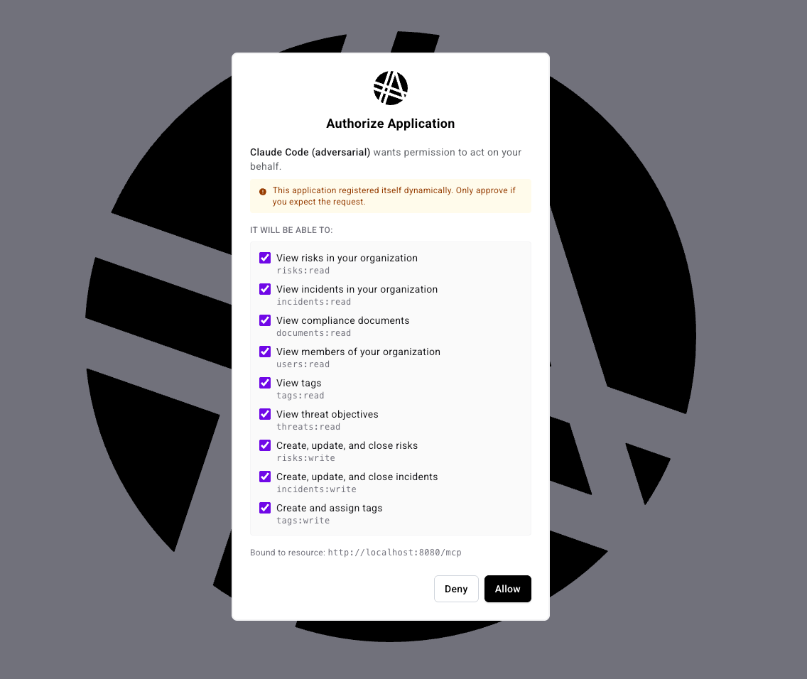 Authorize Application dialog titled 'Claude Code (adversarial) wants permission to act on your behalf', with a notice that the application registered itself dynamically and should only be approved if the request is expected, followed by a checklist of permissions it will be able to use — View risks in your organization, View incidents in your organization, View compliance documents, View members of your organization, View tags, View threat objectives, Create/update/close risks, Create/update/close incidents, and Create and assign tags — each with its underlying scope name, and Deny/Allow buttons at the bottom
