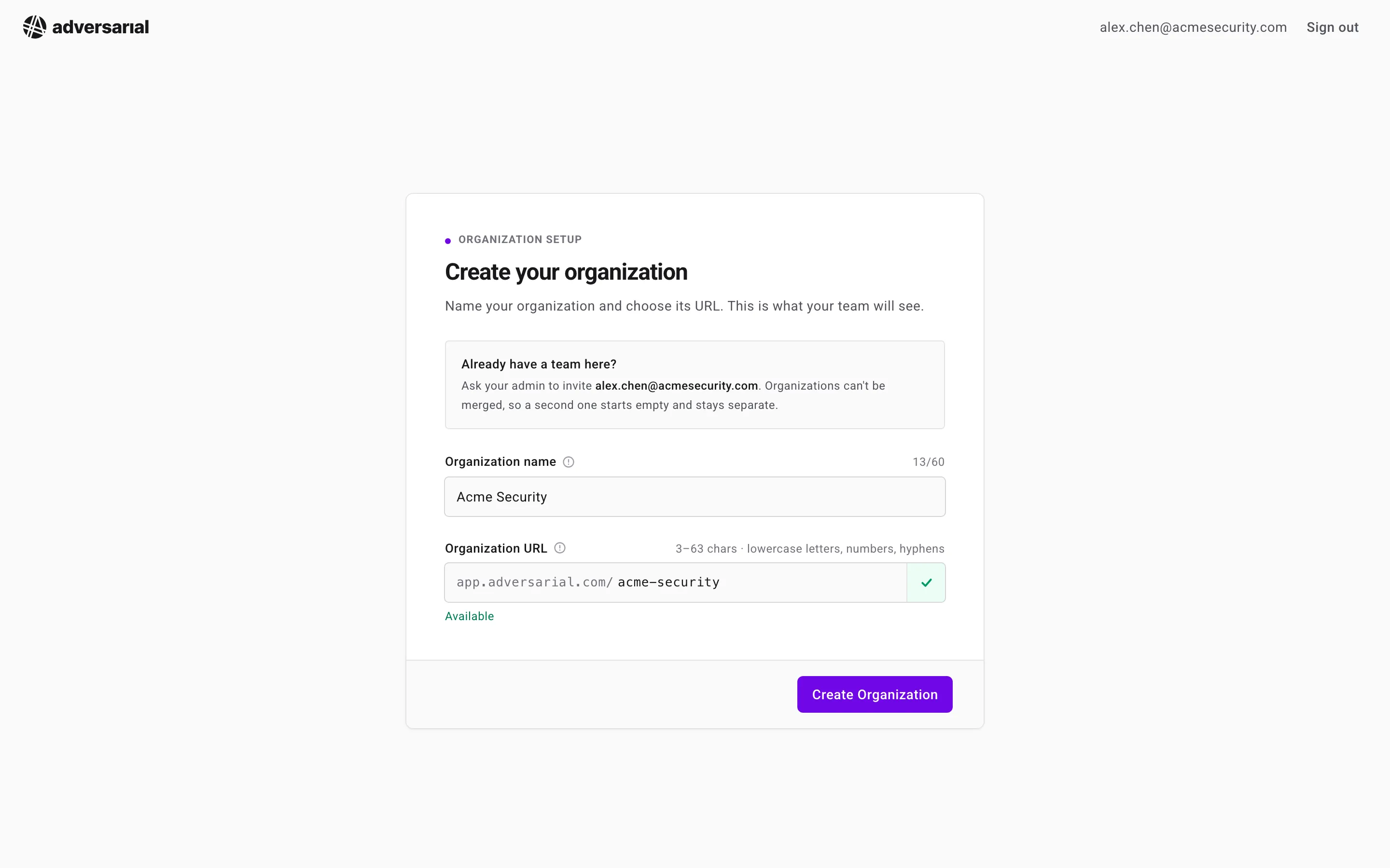 Organization setup screen showing Organization Name and Organization URL slug with live availability check