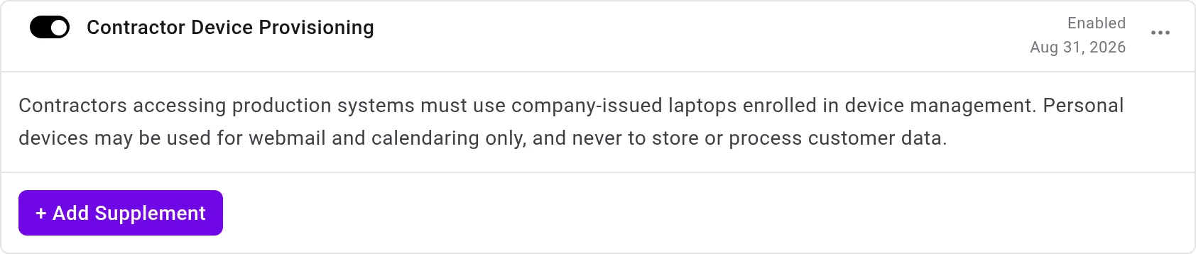 An organization supplement titled Contractor Device Provisioning attached to a section of the Corporate Information Security Policy, with its enable toggle, date, prose, and the Add Supplement button beneath it