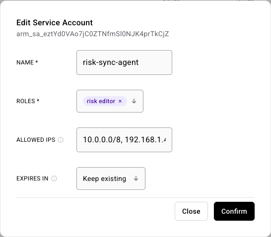 Edit Service Account modal showing the SA's client_id (arm_sa_…) below the title, with the same fields as Create populated from current values; the Expires in field defaults to 'Keep existing' so editing other fields does not change the expiration