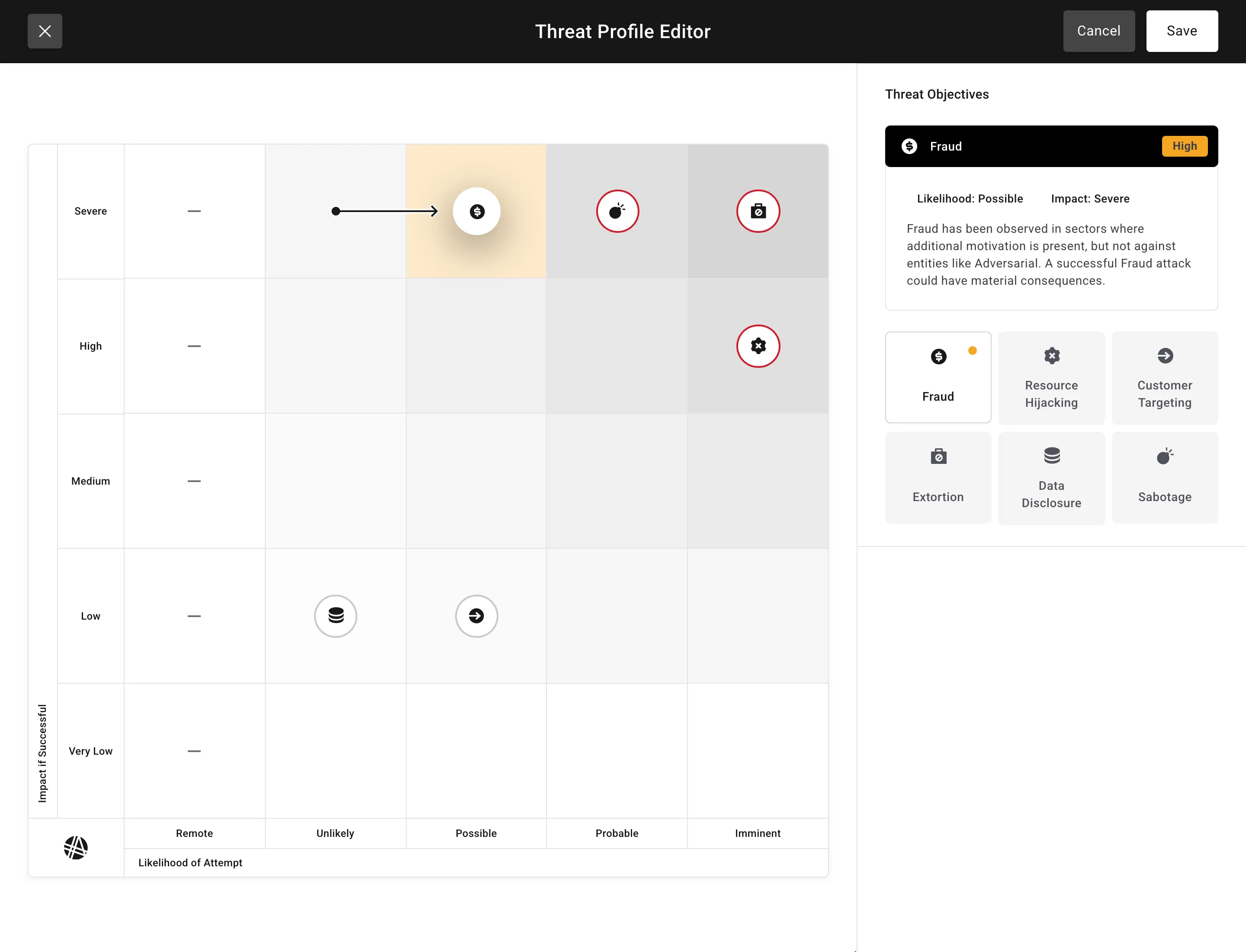 Threat Profile Editor showing the 5x5 heatmap grid with an in-flight proposal and the Threat Objectives palette