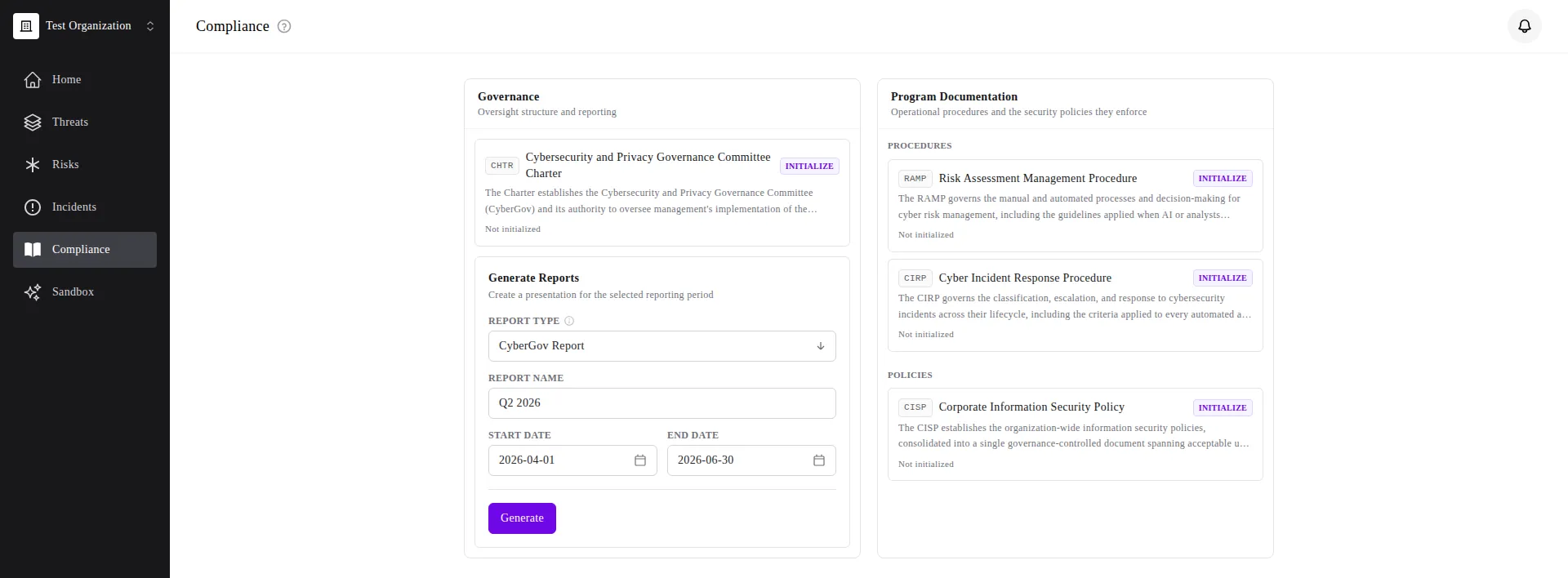 Redesigned Compliance landing page showing the Governance card, the Generate Reports panel, and Program Documentation grouped into Procedures and Policies