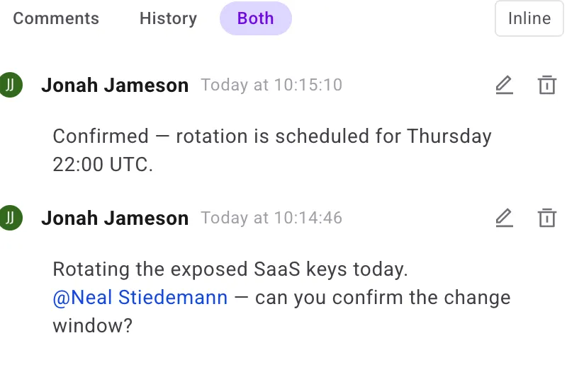 A posted comment thread with a rendered @-mention shown as an inline link