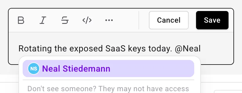Comment composer with the @-mention picker open, showing a matching teammate and a note that people without access may not be listed