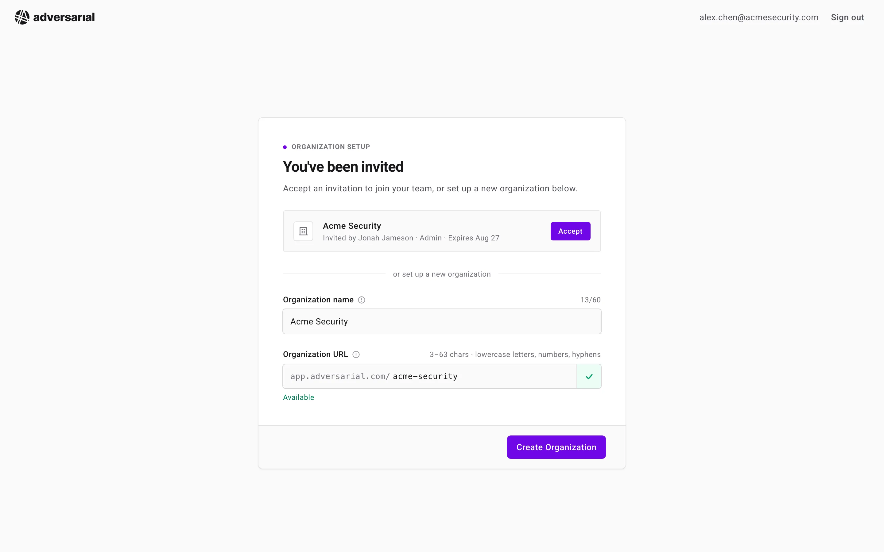 Organization setup screen showing a pending invitation with an Accept button and option to create a new organization