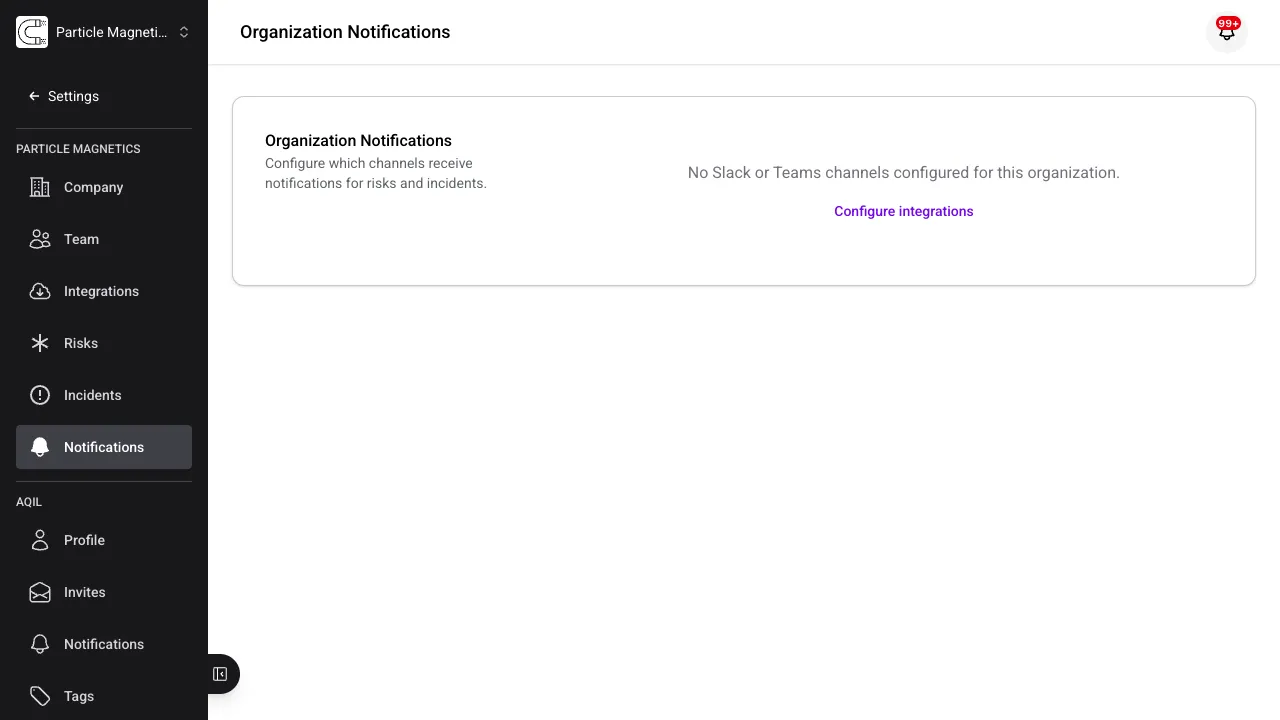 Organization Notifications settings page showing Slack and Teams channel configuration
