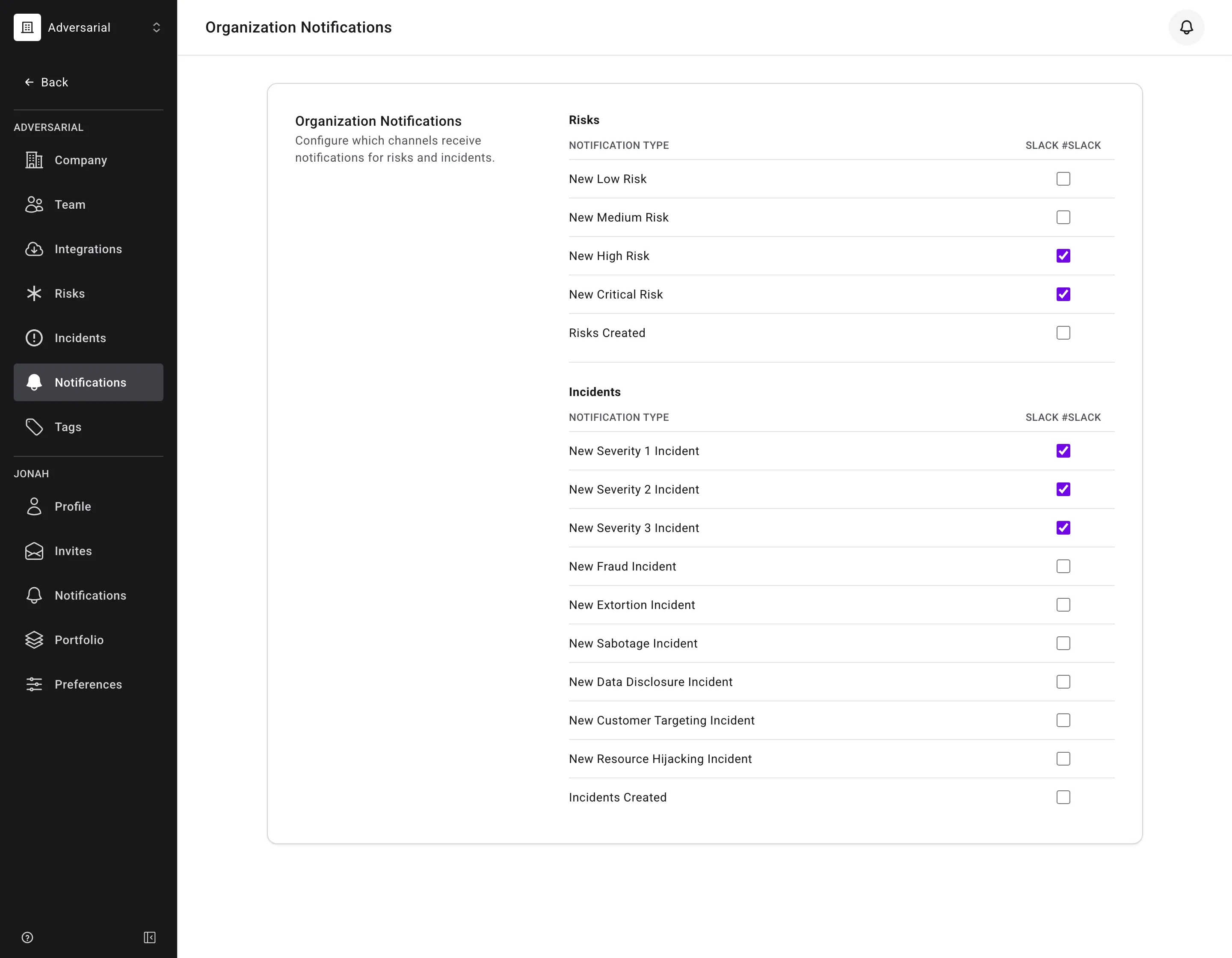 Organization Notifications settings page with a configured Slack channel, showing per-type checkboxes for risks and incidents — New High Risk, New Critical Risk, and Severity 1–3 incident notifications enabled