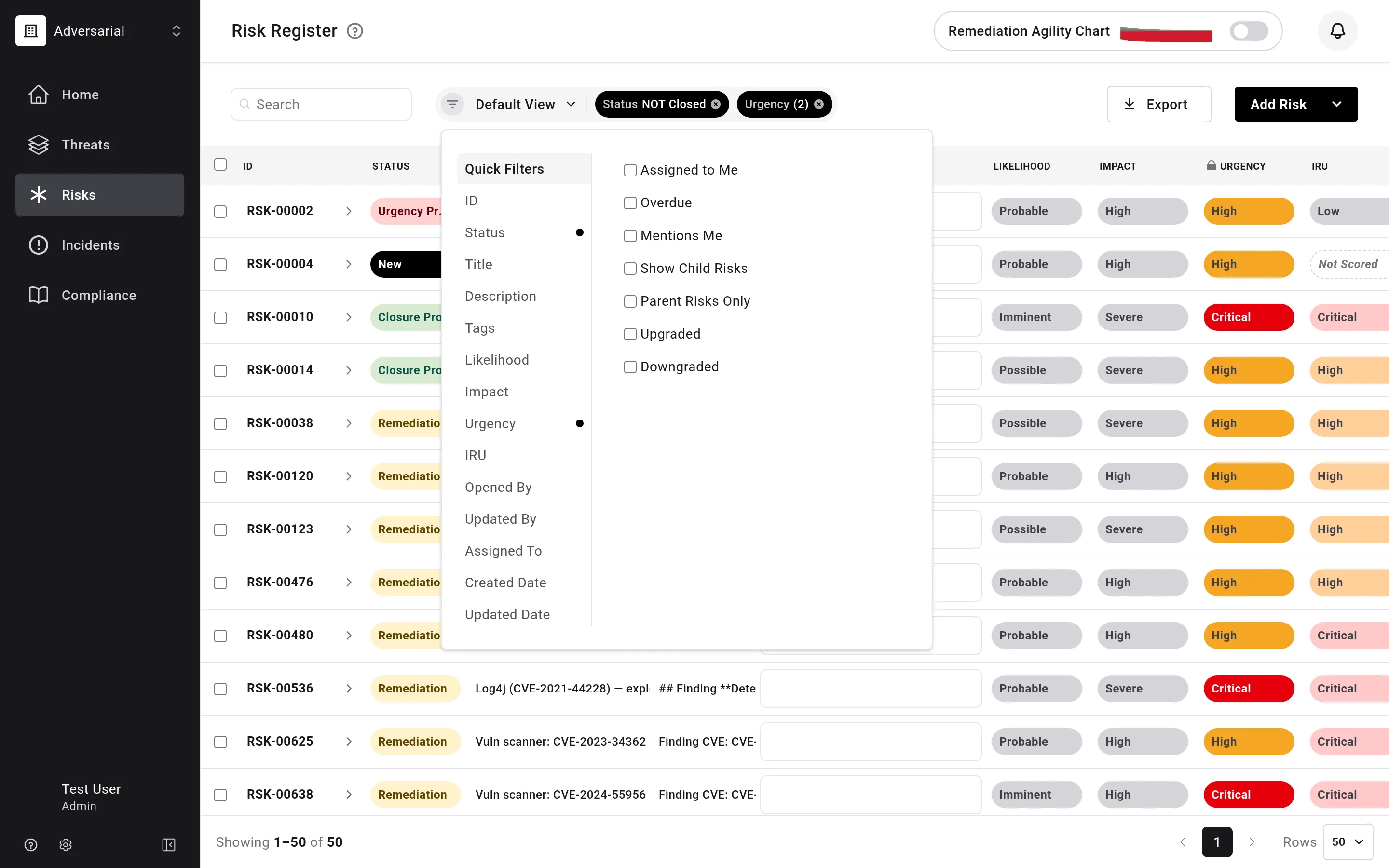 The risk register's filter menu open on Quick Filters, listing Assigned to Me, Overdue, Mentions Me, Show Child Risks, Parent Risks Only, Upgraded, and Downgraded toggles