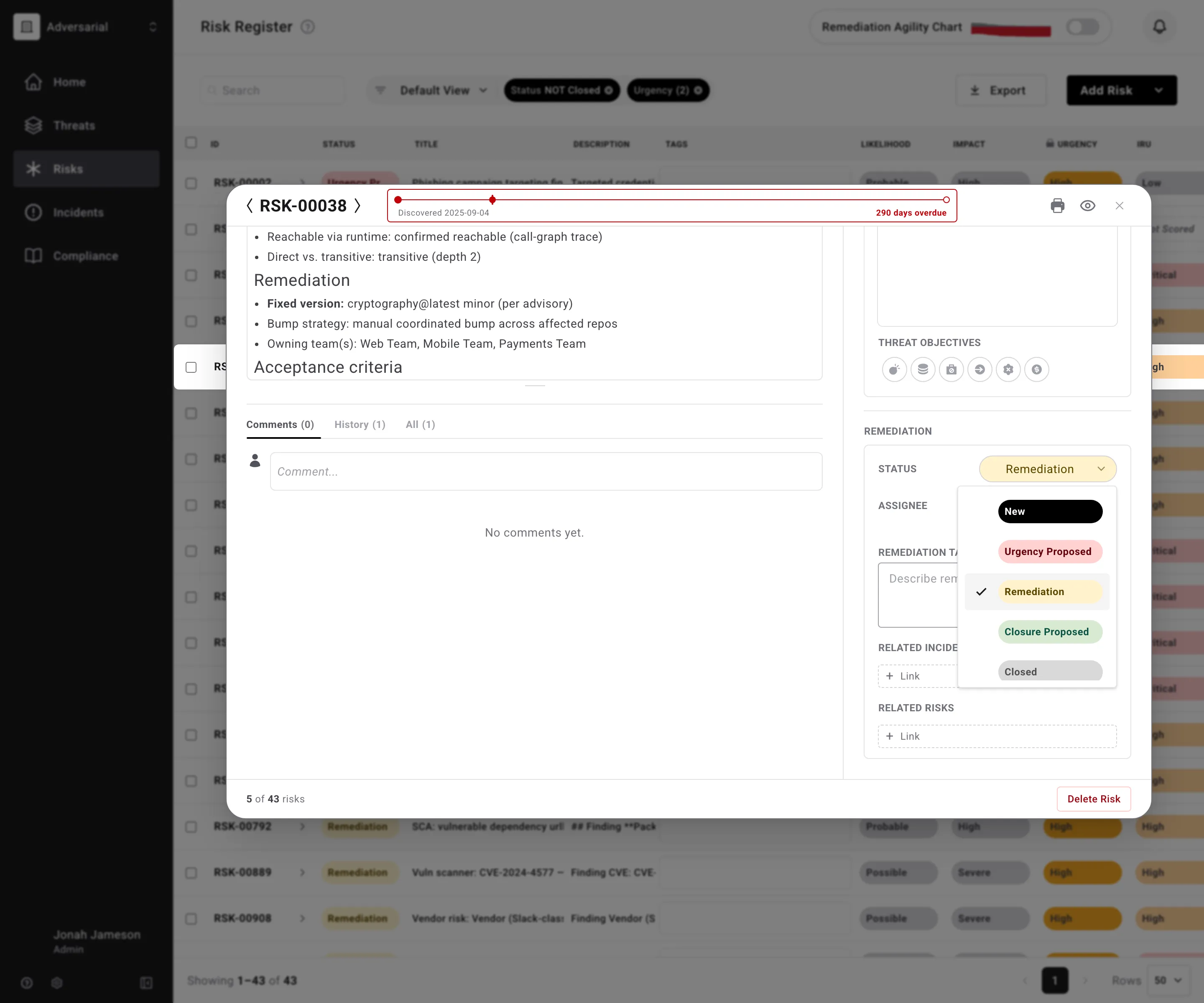 Risk detail modal showing the Remediation section with the Status dropdown expanded, displaying options for New, Urgency Proposed, Remediation, Closure Proposed, and Closed