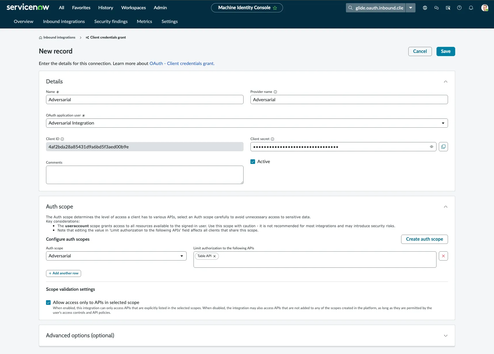 Configuring the OAuth client credentials grant