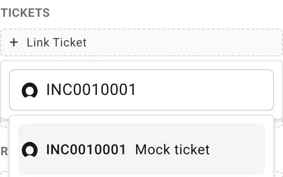 Tickets section in the risk modal showing the Link Ticket action and the Search ServiceNow popover with an existing incident record result