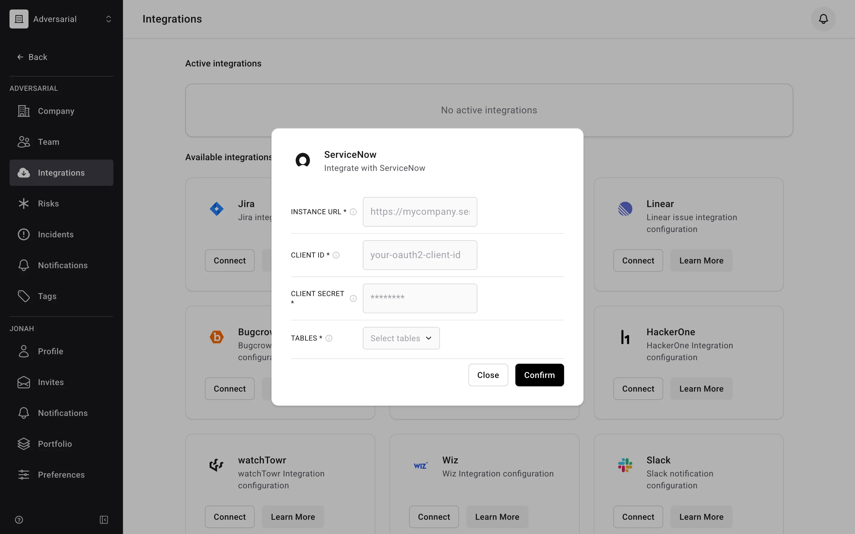 ServiceNow integration configuration