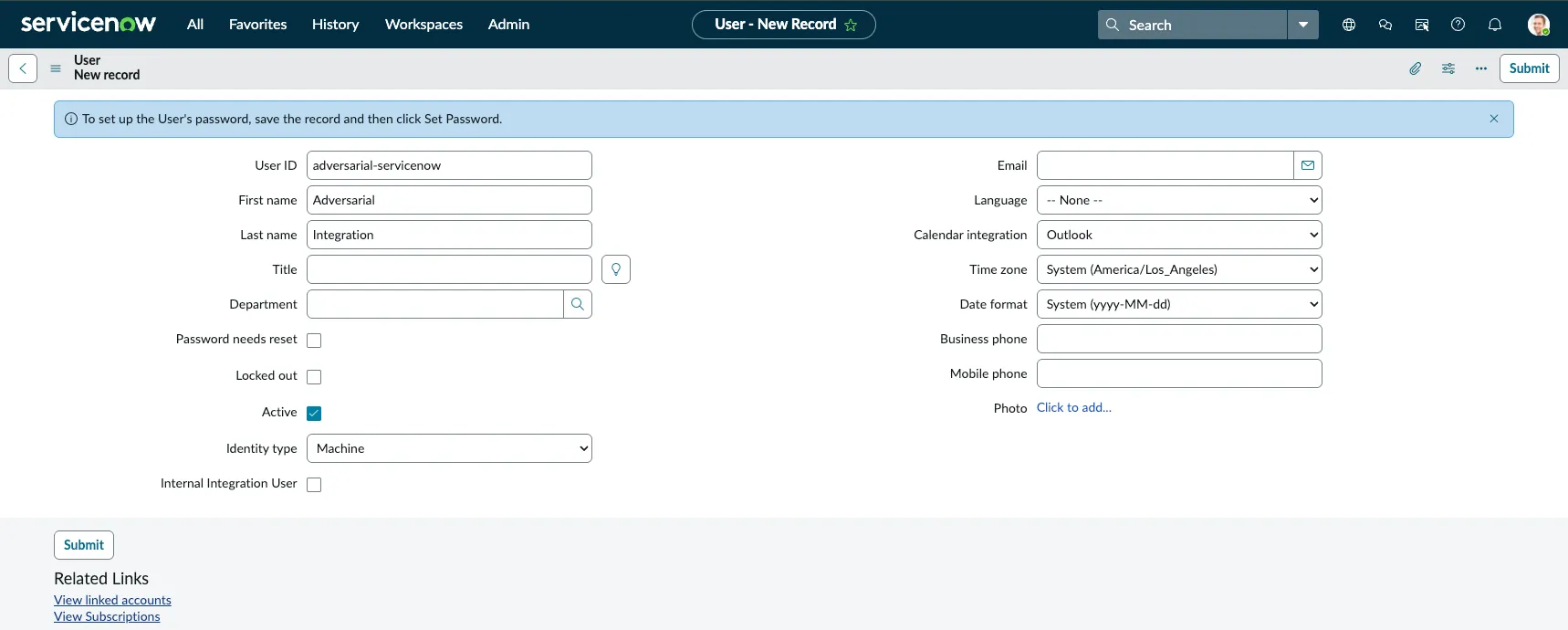Creating the ServiceNow service account user