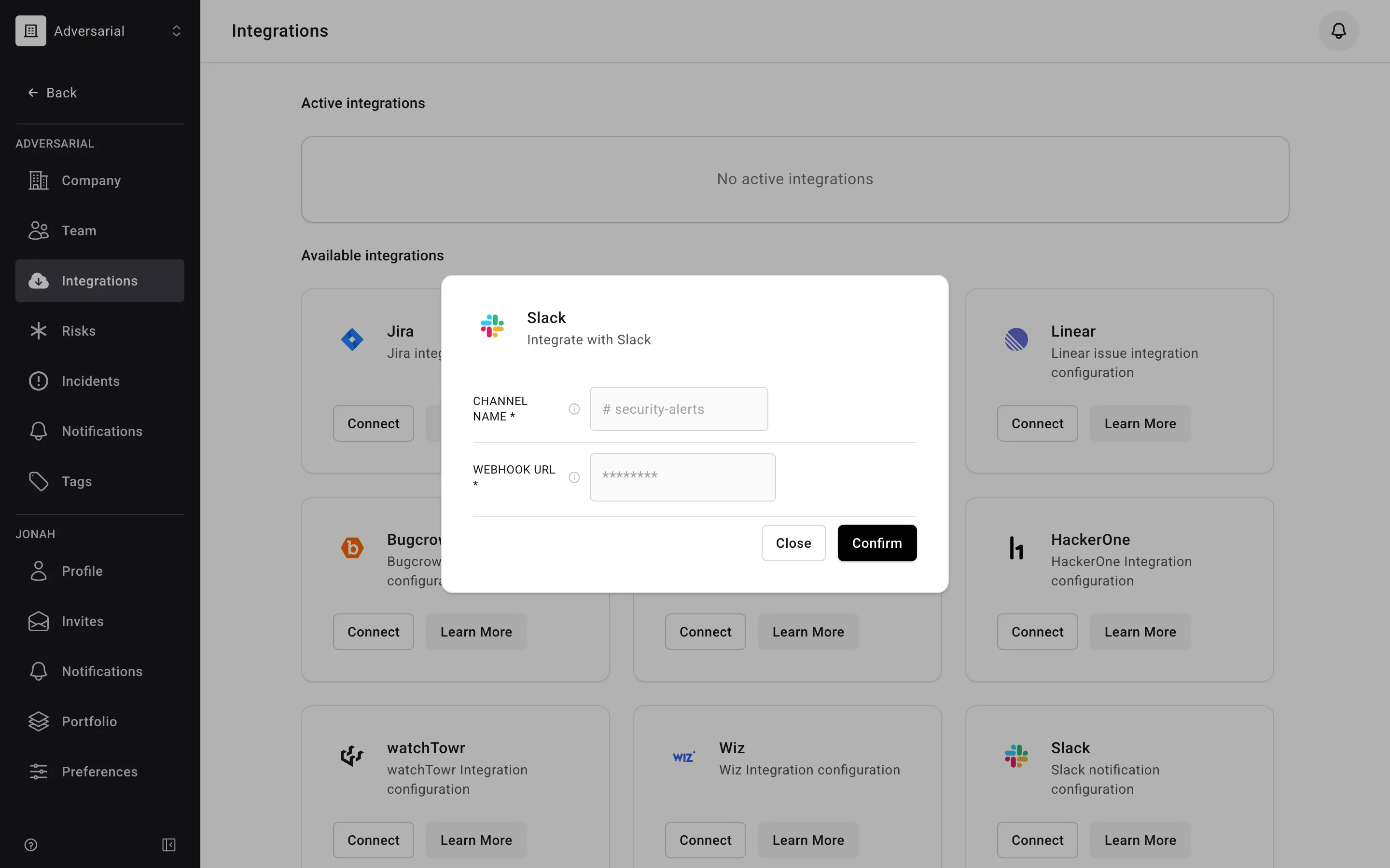 Slack integration configuration