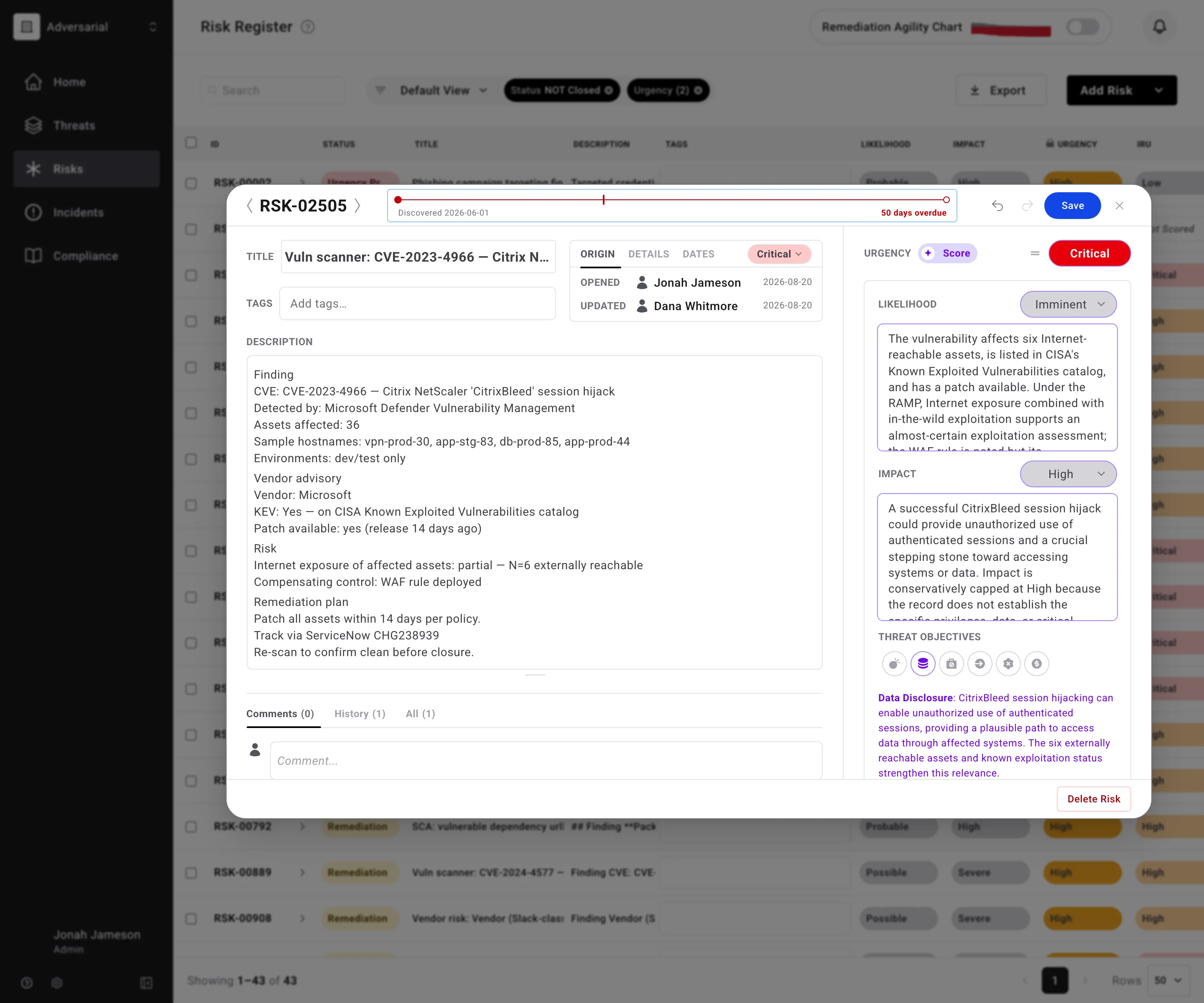 Work-item risk modal after running AI Score, showing proposed Likelihood and Impact values with violet borders, the AI reasoning cards below each score, and the proposed Threat Objectives