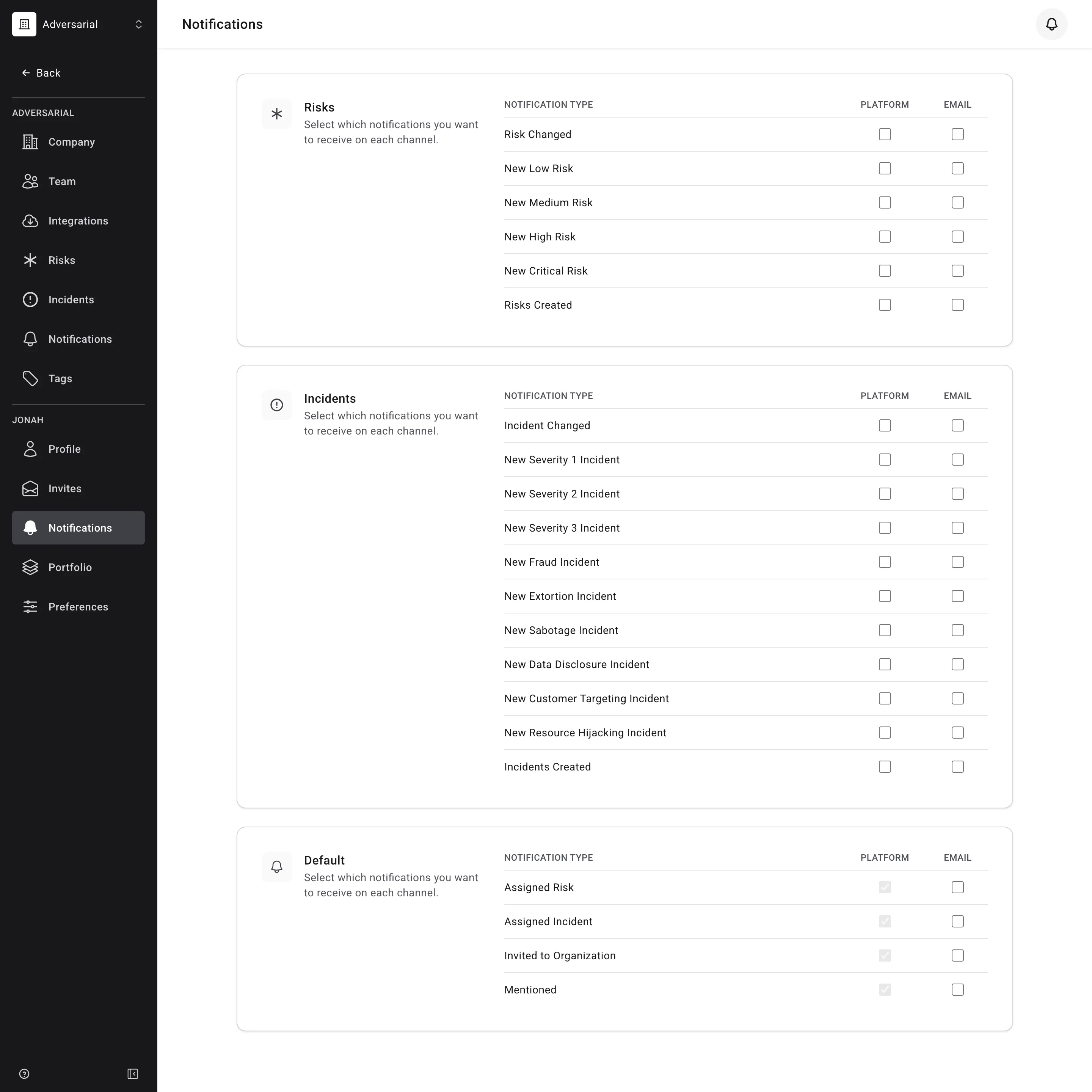 User notification preferences page showing notification types with Platform and Email checkboxes