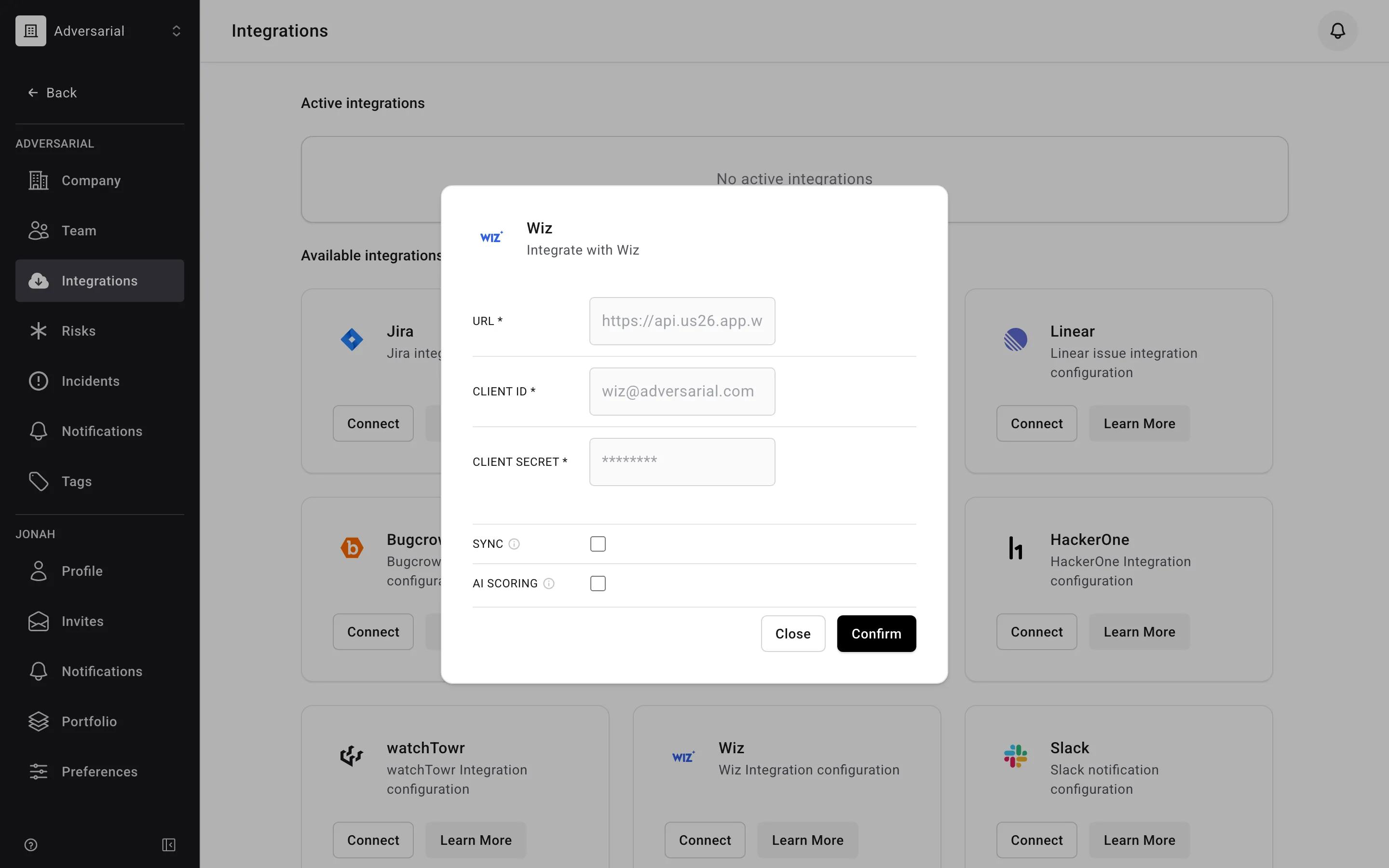 Wiz integration configuration