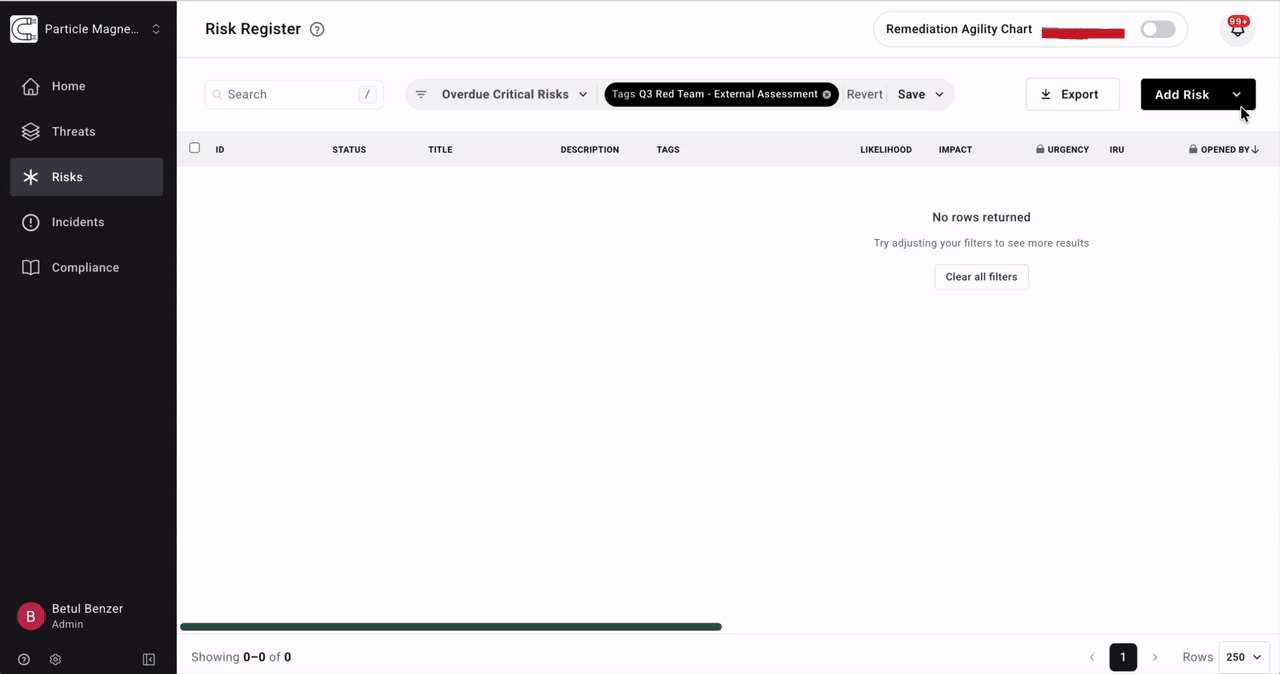 Choosing Import via AI from the Add Risk menu on the risk register, uploading a red team engagement report PDF, and the report being scanned while the AI extracts its risks, ending on the list of extracted risks