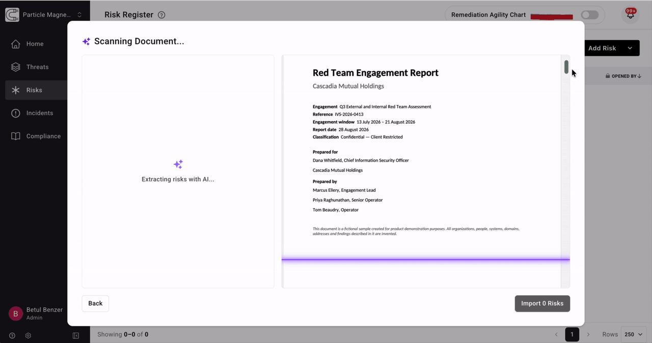 The Review Extracted Risks step: selecting an extracted risk opens its editable Title, Description, Class, IRU, Source, and Discovered Date fields and highlights the passage it came from in the report