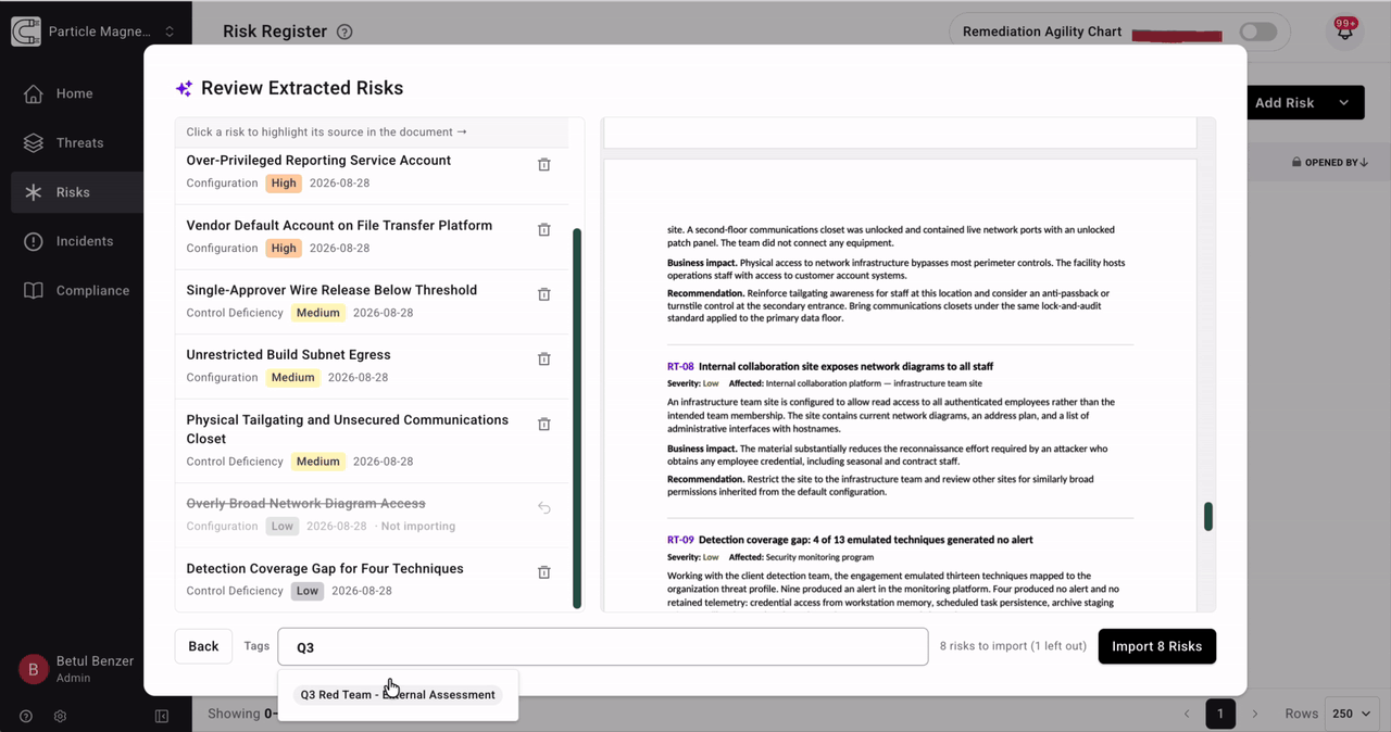 Tagging the batch Q3 Red Team - External Assessment and importing 8 risks with 1 left out, the imported risks appearing in the register filtered by that tag with their IRU, then being scored with likelihood, impact, and urgency, and one risk opened to show its scoring rationale and threat objectives
